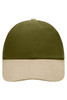 A 6-panel cap featuring an olive green top and a cream-coloured brim, complete with a logo.