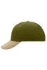 A six-panel cap featuring an olive green crown and a beige peak, with a logo on the side.