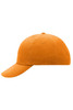 An orange 6 panel cap with a curved brim and a top button, featuring stitched eyelets and a logo.