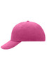 A pink 6 Panel Raver Cap with a rounded crown and a curved brim, featuring a logo.