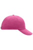 A pink 6-panel raver cap with a curved brim and a logo on the side.