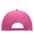 A pink 6 panel cap featuring a rear adjustment strap and a logo on the back.