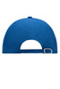 A blue 6 panel cap featuring a back strap and a logo, designed for casual wear.