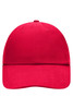 A red 6 panel cap featuring a curved brim and a logo on the front.