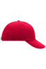 A red six-panel raver cap with an adjustable strap at the back and a rounded crown.