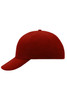 A red 6 panel cap with a curved brim and a logo on the front.