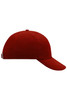 A red 6-panel cap with a curved brim and an adjustable strap at the back, featuring a logo.