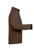 A brown ladies softshell jacket with a high collar and zippered pockets, featuring a logo.