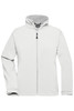A white softshell jacket with a full zip and hood, featuring long sleeves and a logo on the chest.