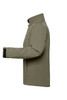 A softshell jacket in olive green with long sleeves and a zippered side pocket. It features a branding logo.