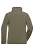 A softshell jacket in a muted olive green colour, featuring a high collar and long sleeves. It has a logo on the back.