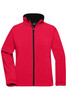 A red ladies softshell jacket featuring a full zip and a black inner lining. It has a logo on one side.