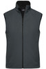 A grey ladies softshell vest featuring a zip front and high collar, with a minimalist design and no sleeves.