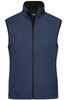 A navy blue ladies' softshell vest with a zip front and a high collar, featuring a logo.