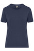 A navy blue women's t-shirt with a crew neck and short sleeves, featuring a logo on the label.