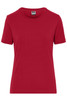 A red short-sleeve t-shirt for women, featuring a classic crew neck design and a logo on the label.