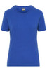 A blue ladies' T-shirt with short sleeves and a round neck. It features a logo on the label.