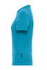 A side view of a turquoise ladies' T-shirt made from BIO stretch fabric, featuring a small logo on the hem.