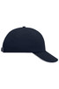 A navy blue 6 panel cap with a curved brim and an adjustable strap at the back, featuring a logo.