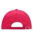 A pink six-panel cap with a back strap and an adjustable closure, featuring a logo.