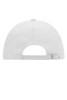 A white 6-panel cap with a curved brim and an adjustable strap at the back, featuring a logo.