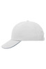A white 6 panel cap with a curved brim and an adjustable strap at the back, featuring a logo.