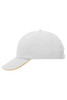 A white six-panel cap with an orange underside to the brim and a logo on the front.
