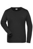 A black long-sleeve shirt with a round neckline and one visible arm. It features a logo on the label.