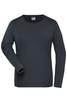 A dark grey long-sleeve T-shirt with a round neck and a branding logo on the label.