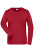A red long-sleeved shirt with a round neck and a logo on the label.