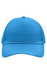 A bright blue 5 Panel Cap featuring a logo, made from durable fabric with a structured design.