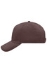 A brown 5 panel cap with a curved brim and a logo on the side. Simple and stylish headwear.