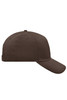 A brown 5 panel cap with a curved brim and a logo on the side. The fabric appears smooth and unembellished.