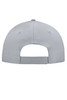 A grey 5 panel cap featuring a back strap and ventilation holes. The cap includes a logo.