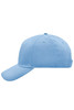 A blue 5 panel cap featuring an adjustable strap and a logo on the side.
