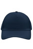 A navy 5 panel cap with a smooth fabric surface and a curved brim, featuring a logo on the front.
