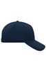 A navy 5 Panel Cap featuring a solid colour design and a logo on the side.