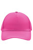 A pink 5 panel cap featuring a curved brim and an empty front panel, with a logo on the side.