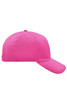 A pink 5 panel cap with a curved brim and an adjustable strap at the back. It features a logo.