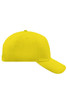 A bright yellow 5 panel cap with a curved brim and a logo on the front.