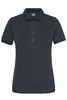 A dark grey ladies' polo shirt featuring a classic collar and button placket, with a logo on the chest.