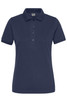 A navy polo shirt for ladies featuring a classic collar, short sleeves, and a buttoned placket. Includes a logo.