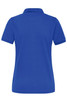 A blue ladies polo shirt with a classic collar and short sleeves, featuring a logo on the back.