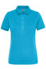 A ladies' polo shirt in vibrant blue, featuring a collar and buttons, with a branded logo.