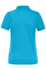 A turquoise ladies' polo shirt featuring a classic collar and short sleeves, with a logo on the back.