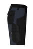 A pair of men's work shorts in black and grey, featuring pockets and a logo.