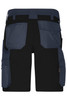 A pair of black and navy work shorts featuring multiple pockets and a rugged design suitable for workwear.