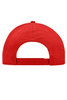 A red brushed 6 panel cap featuring a rear adjustable strap and a logo on the back.