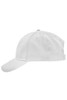 A white brushed 6 panel cap with a curved brim and an adjustable strap at the back, featuring a logo.