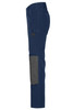 Navy workwear pants with 4-way stretch design and a grey knee patch. Features pockets and a logo.